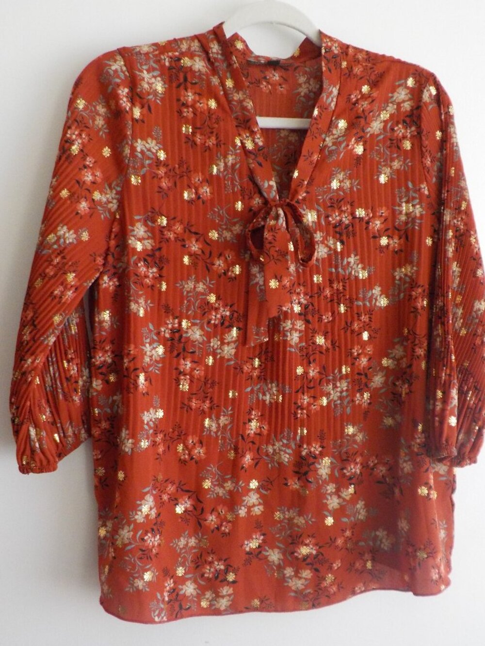 Sara Michelle Blouse - Petite Large - Rust Flower Pleated Long Sleeve (2512)